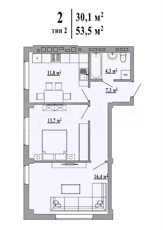 2-к. квартира, 53,5м, 4/6эт. - Фото 0