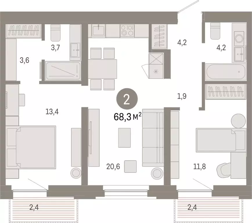 2-комнатная квартира: Тюмень, Мысовская улица, 26к2 (68.27 м) - Фото 1