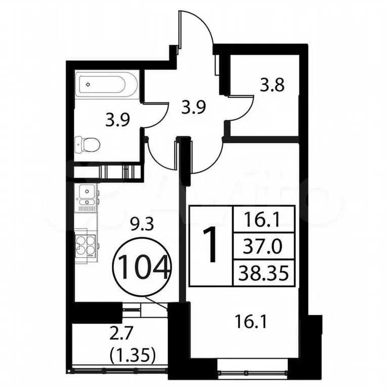 1-к. квартира, 38,4м, 4/12эт. - Фото 0