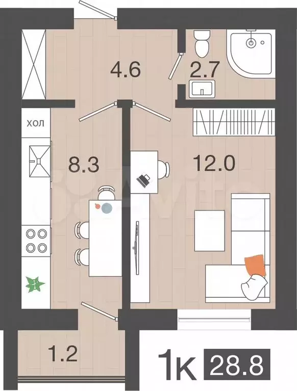 1-к. квартира, 28,8 м, 2/4 эт. - Фото 1