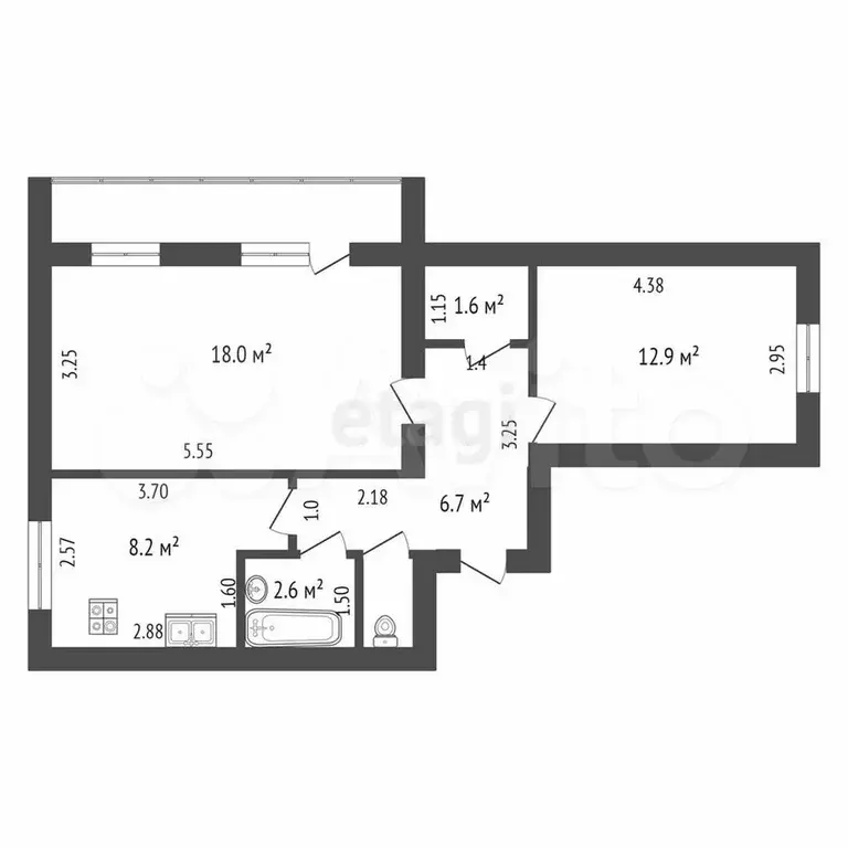 2-к. квартира, 51,2 м, 1/5 эт. - Фото 0