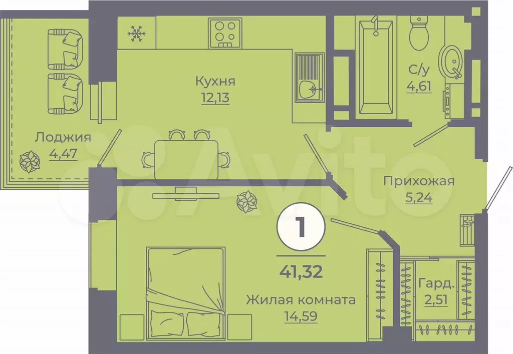 1-к. квартира, 41,2 м, 13/24 эт. - Фото 1