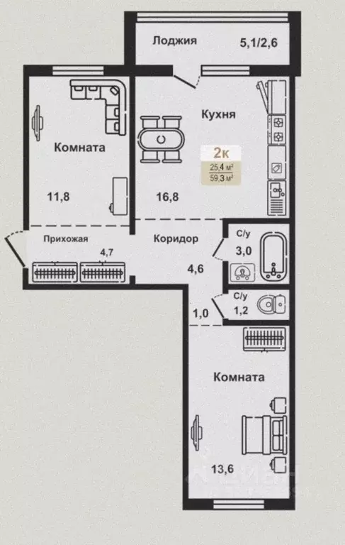 2-к кв. Курганская область, Курган Заозерный жилрайон, 8-й мкр, 12 ... - Фото 1