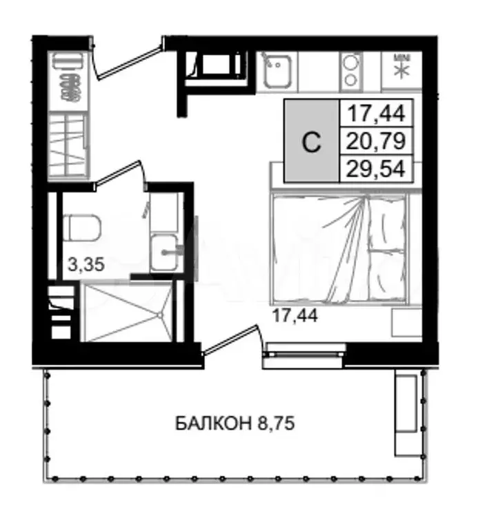 Апартаменты-студия, 29,5 м, 2/8 эт. - Фото 1