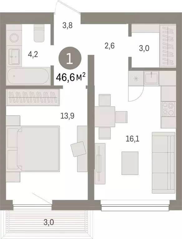 1-комнатная квартира: Тюмень, Мысовская улица, 26к1 (46.56 м) - Фото 1