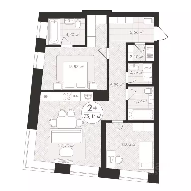 2-к кв. Башкортостан, Уфа Южный-2 мкр,  (75.14 м) - Фото 1