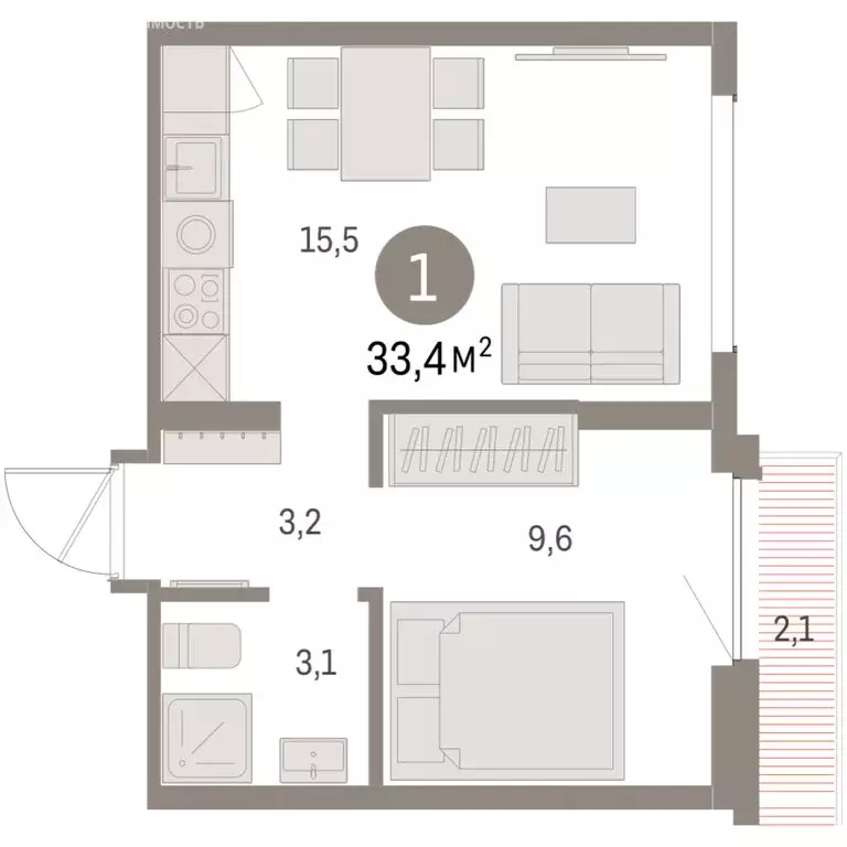 1-комнатная квартира: Екатеринбург, микрорайон Академический, 19-й ... - Фото 2