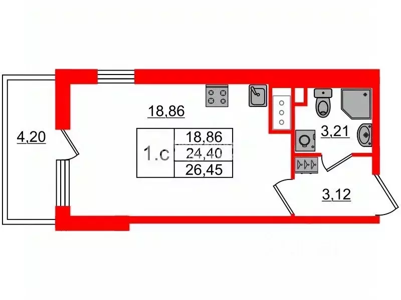 Студия Санкт-Петербург ул. Верхне-Каменская, 9к1 (24.4 м) - Фото 1