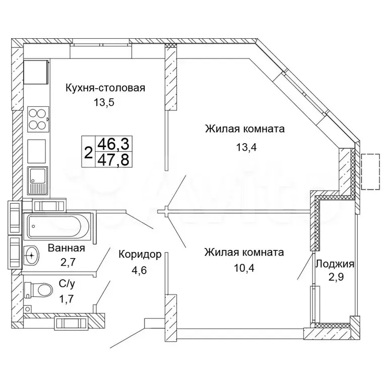 2-к. квартира, 47,8 м, 2/17 эт. - Фото 0