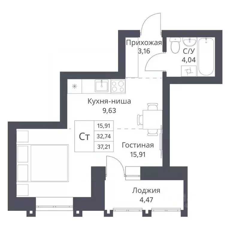 Студия Новосибирская область, Новосибирск Игарская ул., 40/1 (32.74 м) - Фото 0