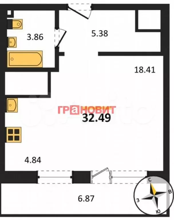 Квартира-студия, 32,5 м, 6/25 эт. - Фото 1