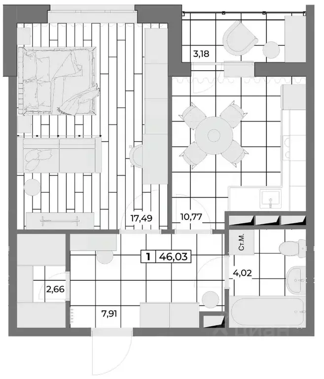 1-к кв. Орловская область, Орел Мясокомбинат мкр,  (44.44 м) - Фото 0