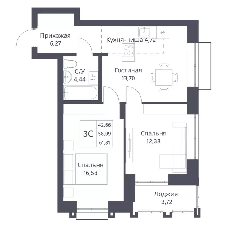 3-к кв. Новосибирская область, Новосибирск Игарская ул., 40/1 (58.09 ... - Фото 0