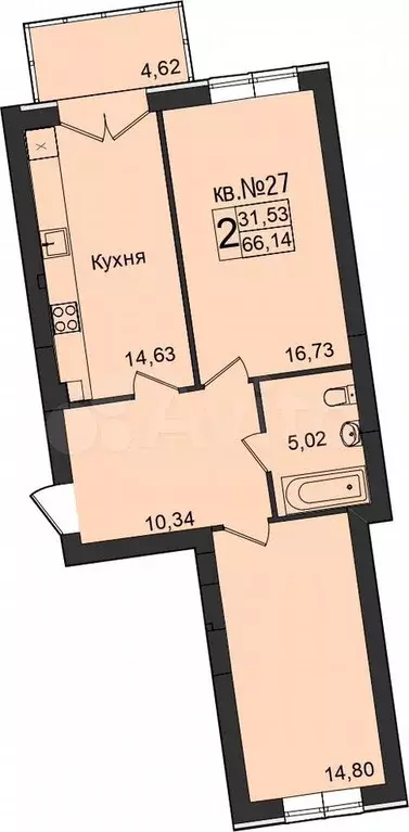 2-к. квартира, 66,1 м, 2/5 эт. - Фото 1