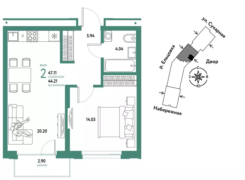 2-комнатная квартира: Новосибирск, Сухарная улица, 109/2 (47.11 м) - Фото 0