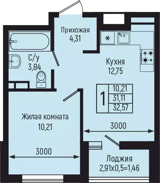 1-комнатная квартира: Небуг, ЖК Botanica Hills (32.57 м) - Фото 0