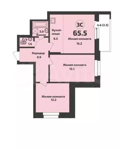 3-к. квартира, 65,5 м, 12/14 эт. - Фото 0