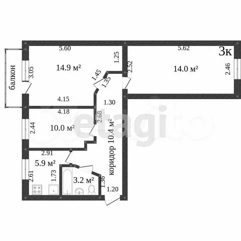 3-к. квартира, 59 м, 3/5 эт. - Фото 0