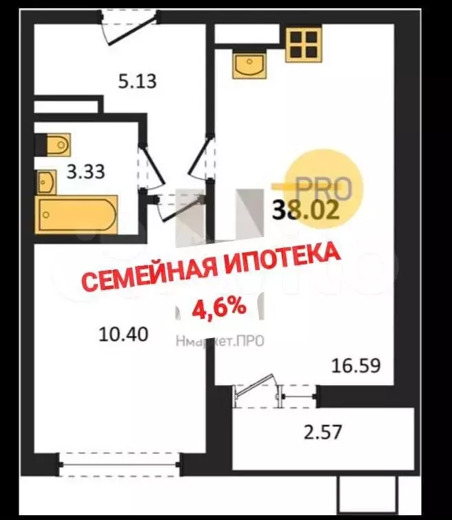 1-к. квартира, 38 м, 3/17 эт. - Фото 0