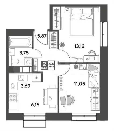 2-к. квартира, 43,6 м, 11/15 эт. - Фото 0