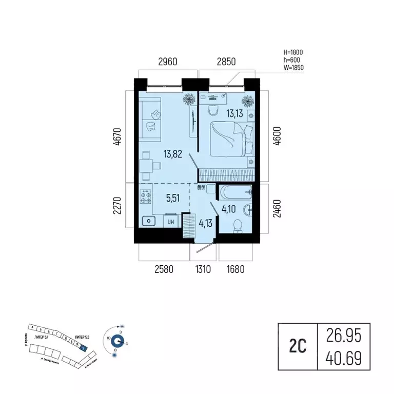 2-к кв. Башкортостан, Уфа Глумилино-1 мкр, Новатор жилой комплекс ... - Фото 0