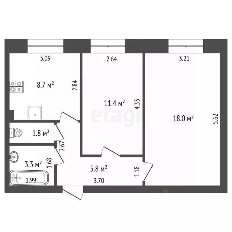 2-к кв. Ямало-Ненецкий АО, Новый Уренгой ул. Пушкинская, 6 (49.0 м) - Фото 2