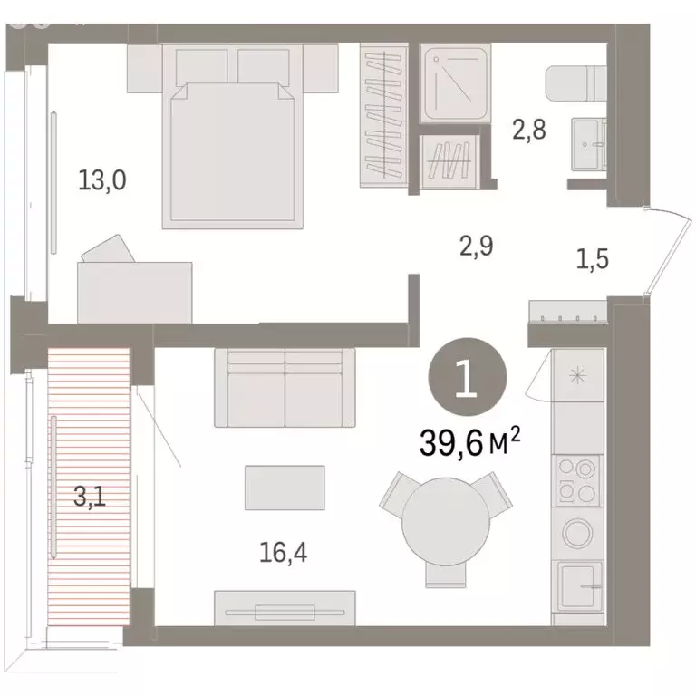 1-комнатная квартира: Тюмень, жилой комплекс На Минской (39.57 м) - Фото 2