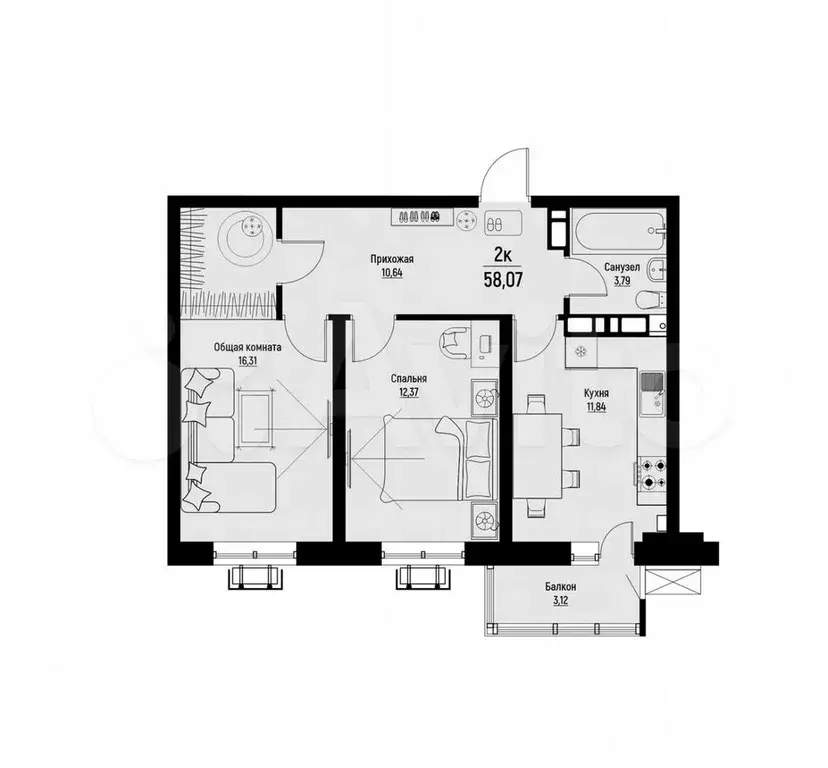 2-к. квартира, 58,1 м, 11/12 эт. - Фото 1