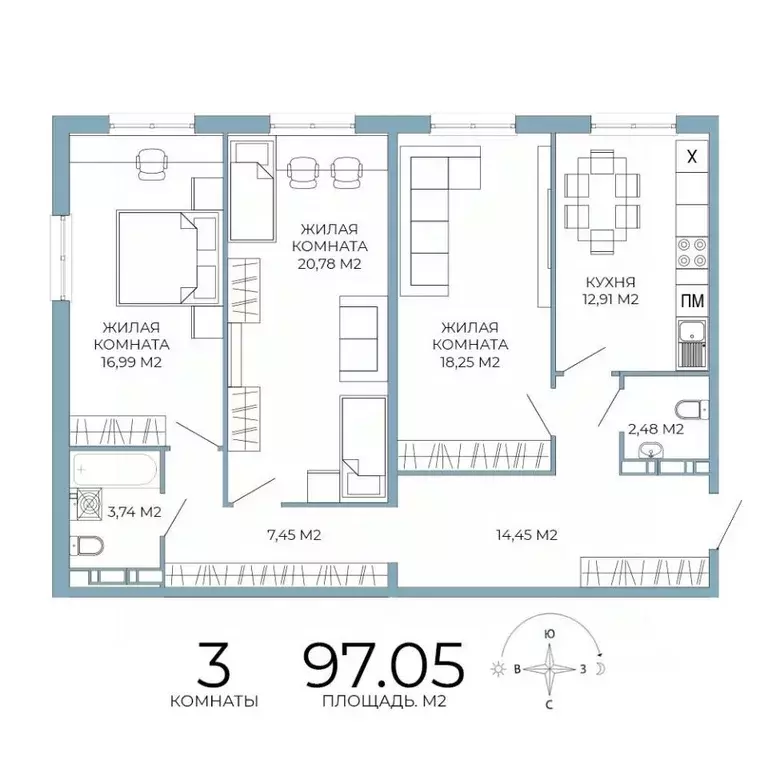 3-к кв. Пензенская область, Пенза Лугометрия жилой комплекс (97.05 м) - Фото 1
