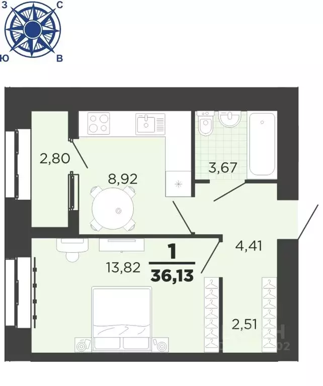 1-к кв. Рязанская область, Рязань ул. Семчинская, 8 (36.13 м) - Фото 0
