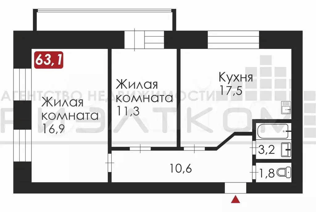 3-к. квартира, 63,1 м, 5/9 эт. - Фото 0