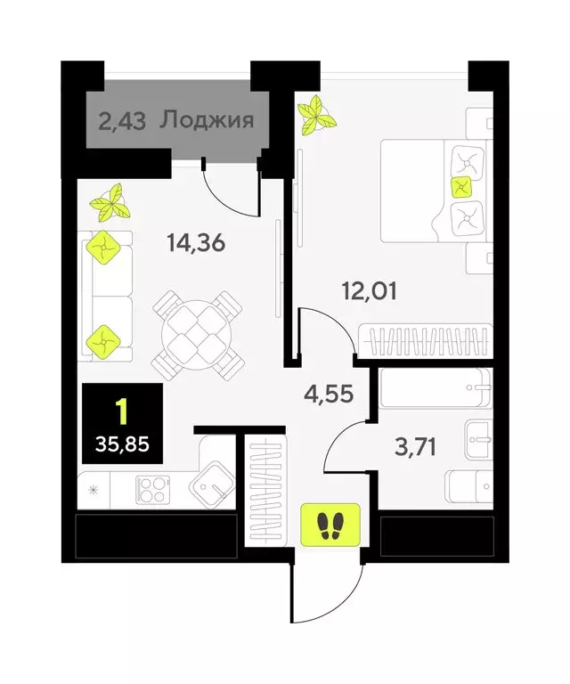1-комнатная квартира: Тюмень, улица Андрея Приказнова, 7 (33.9 м) - Фото 1