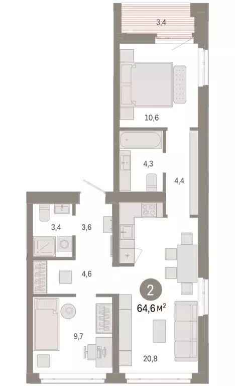 2-комнатная квартира: Тюмень, улица Республики, 205к3 (64.6 м) - Фото 1