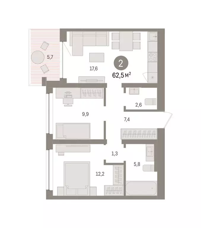 2-комнатная квартира: Тюмень, ЖК Дом у Озера (62.52 м) - Фото 2