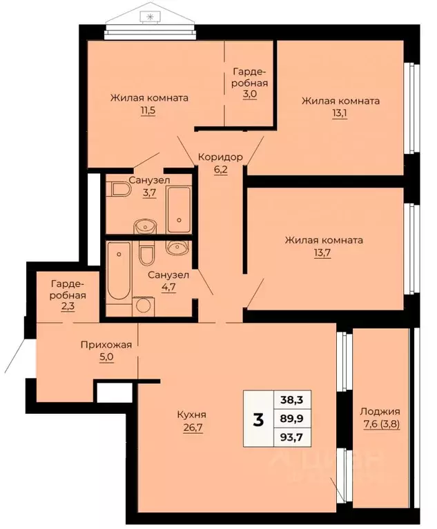 3-к кв. Свердловская область, Екатеринбург ул. Одинарка, 6 (93.7 м) - Фото 1