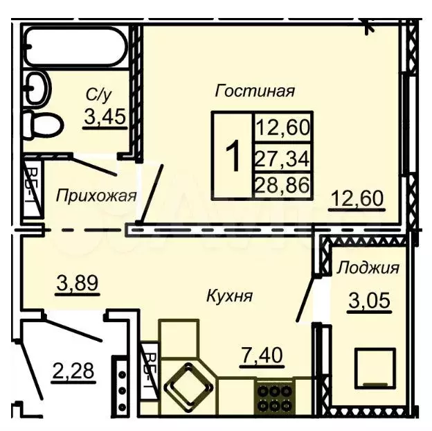1-к. квартира, 27,3 м, 9/9 эт. - Фото 0