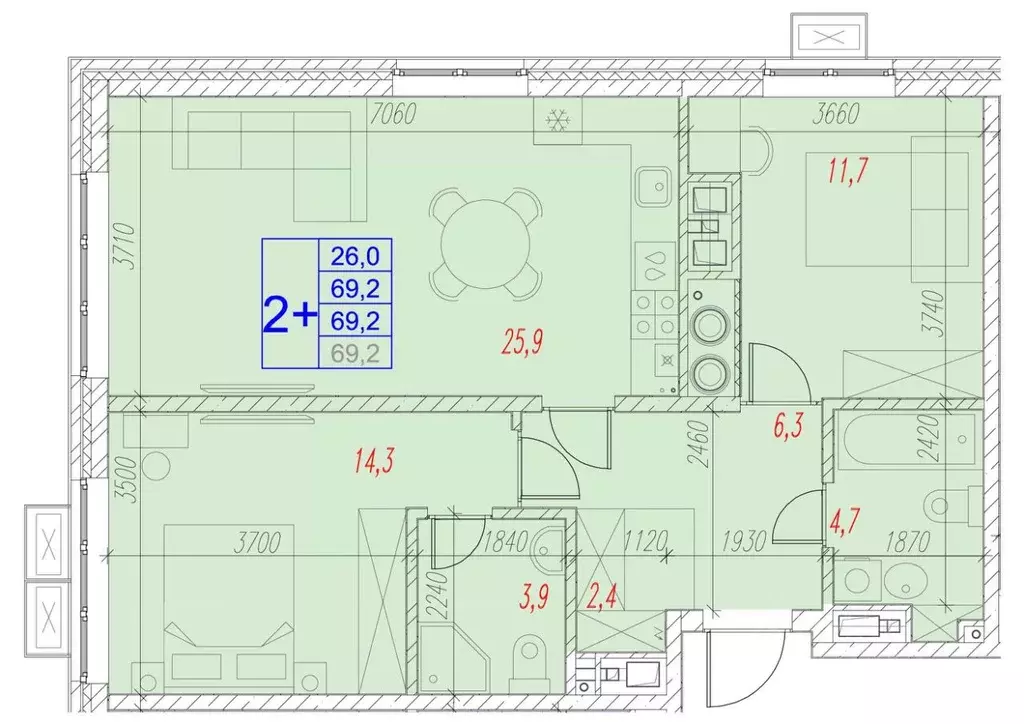 2-к кв. Астраханская область, Астрахань ул. Трофимова (69.2 м) - Фото 1