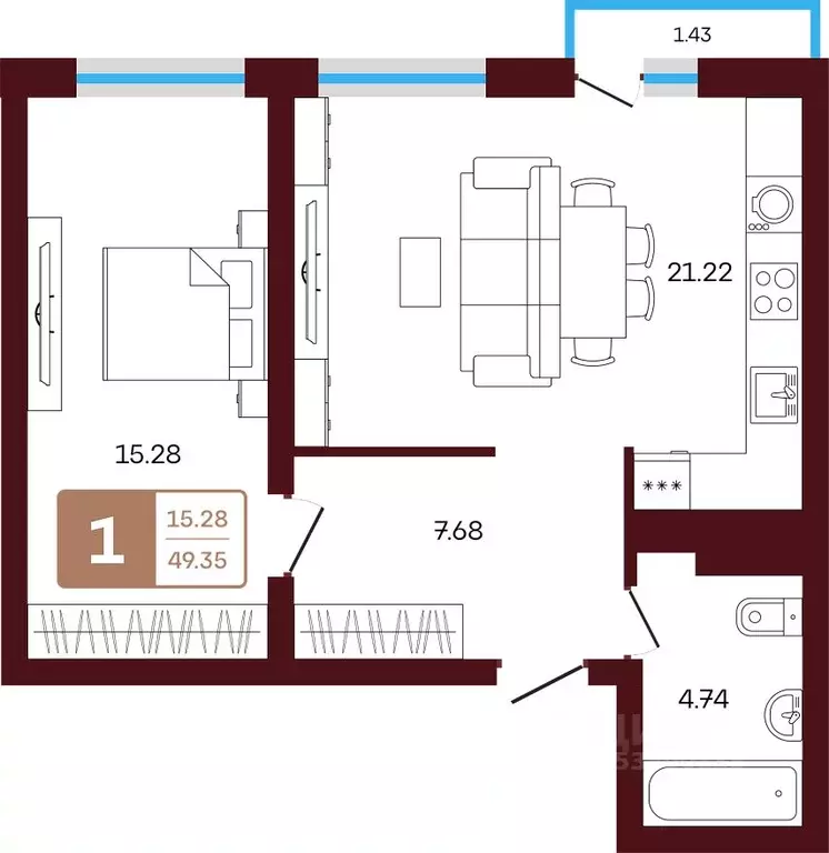 1-к кв. Башкортостан, Иглинский район, с. Акбердино  (49.35 м) - Фото 1