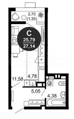 Квартира-студия, 27,3 м, 5/10 эт. - Фото 1