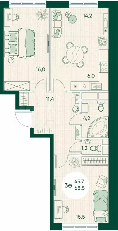 3-к. квартира, 68,5 м, 3/17 эт. - Фото 0