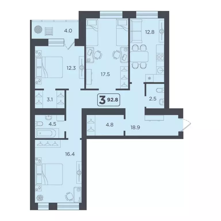 3-комнатная квартира: Тюмень, улица 50 лет Октября, 75к4 (92.8 м) - Фото 1