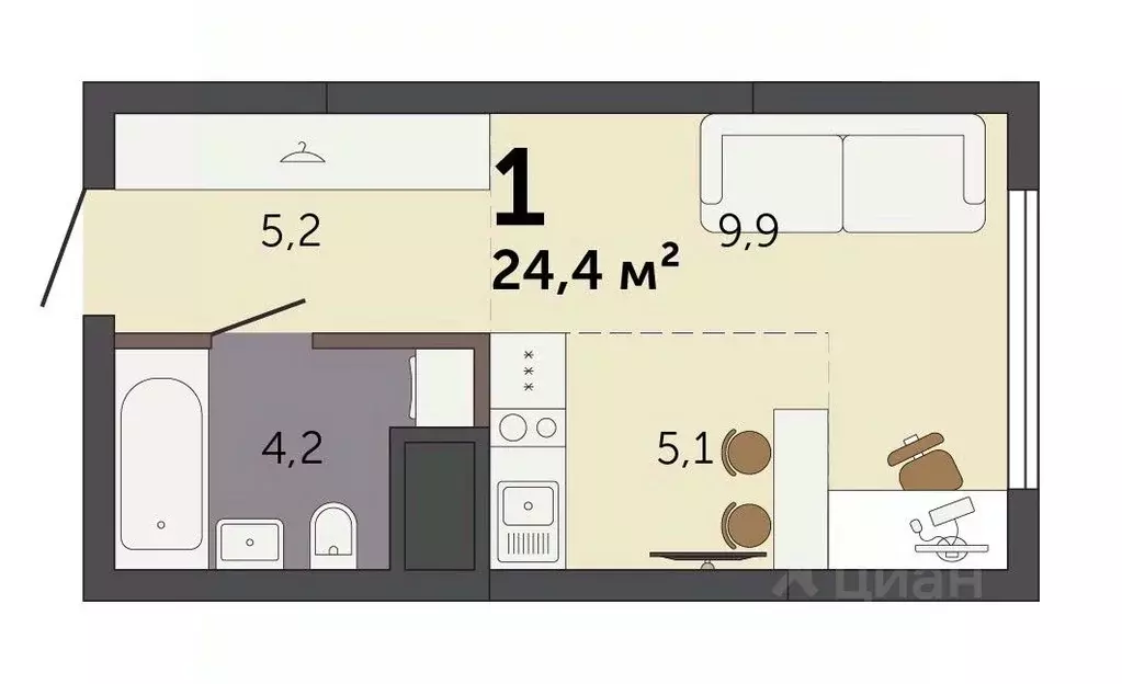 Студия Свердловская область, Екатеринбург Южный жилрайон,  (24.4 м) - Фото 1