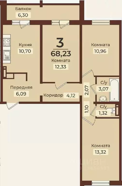 3-к кв. Челябинская область, Озерск Цветочная ул., 6 (68.0 м) - Фото 0