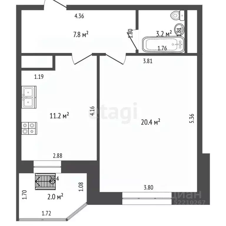 1-к кв. Татарстан, Набережные Челны 65-й комплекс, 3 (42.0 м) - Фото 2
