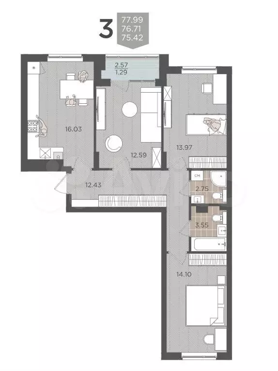 3-к. квартира, 76,7 м, 1/9 эт. - Фото 1