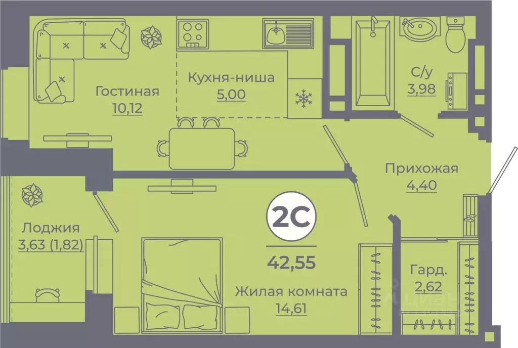 2-к кв. Ростовская область, Ростов-на-Дону ул. Еременко, 115 (42.91 м) - Фото 0