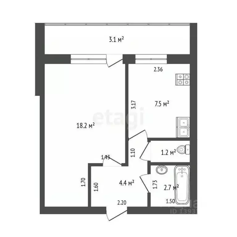 1-к кв. Тюменская область, Тюмень Комбинатская ул., 63 (34.0 м) - Фото 1