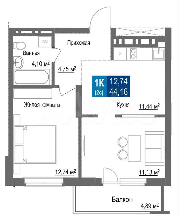 2-к. квартира, 44,2 м, 5/25 эт. - Фото 0