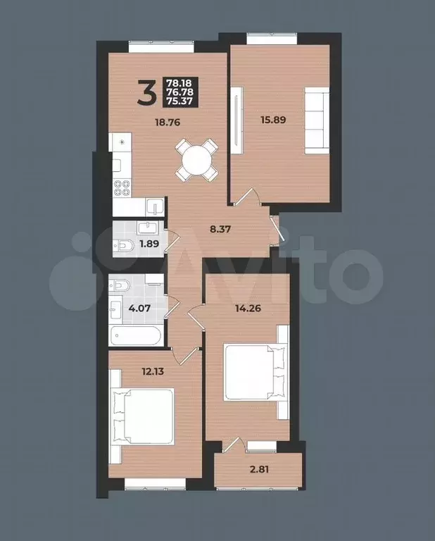 3-к. квартира, 78,2 м, 6/9 эт. - Фото 1
