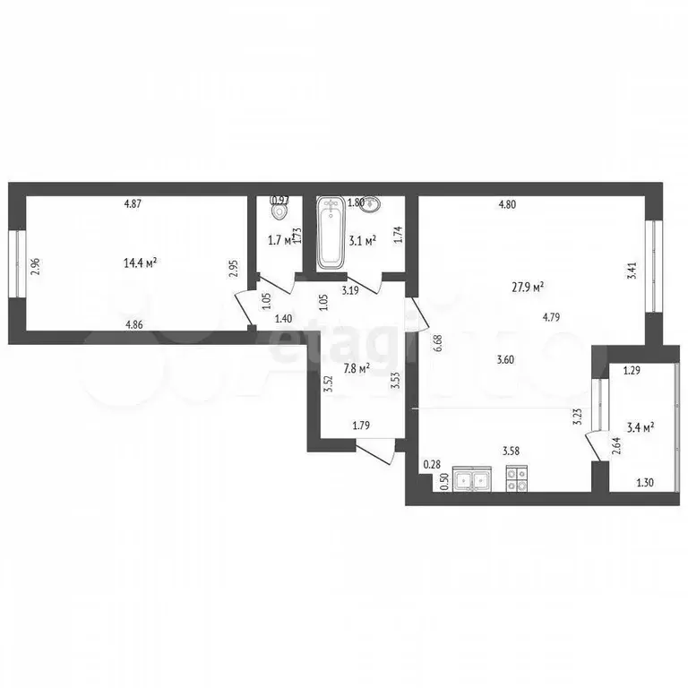 2-к. квартира, 54,9 м, 9/9 эт. - Фото 1